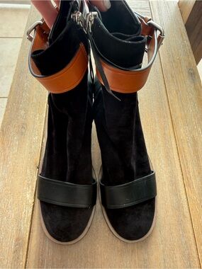 Isabel Marant Roddy Black Suede Ankle Boots Size 40 Leather Trim Stacked Block H